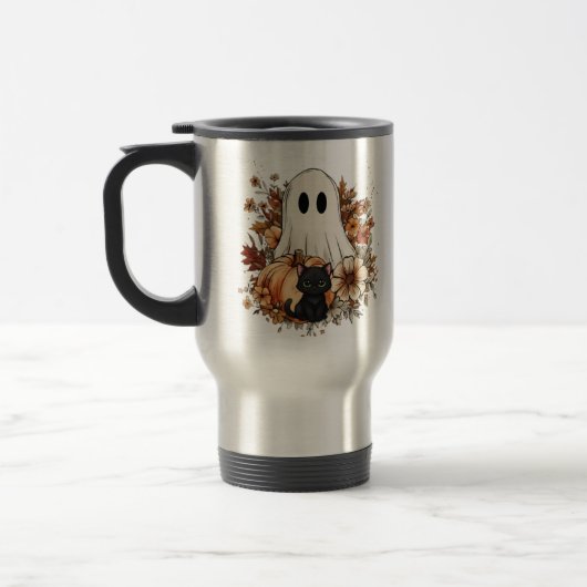 Personalized Cute Ghost and Black Cat Autumn Mug トラベルマグ (左)