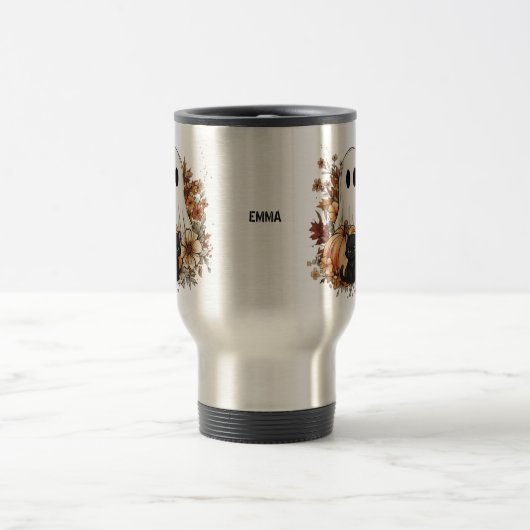 Personalized Cute Ghost and Black Cat Autumn Mug トラベルマグ (中央)