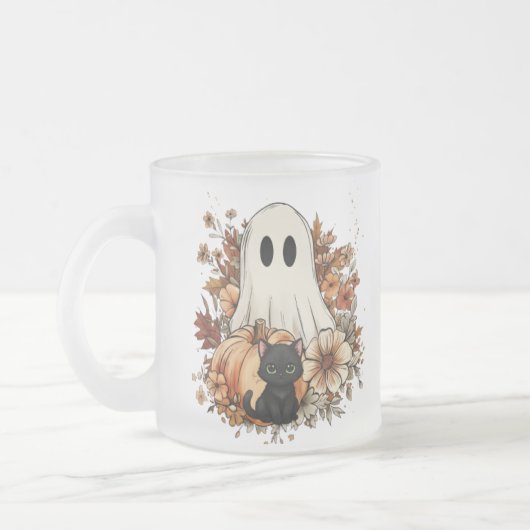 Personalized Cute Ghost and Black Cat Autumn Mug フロストグラスマグカップ (左)