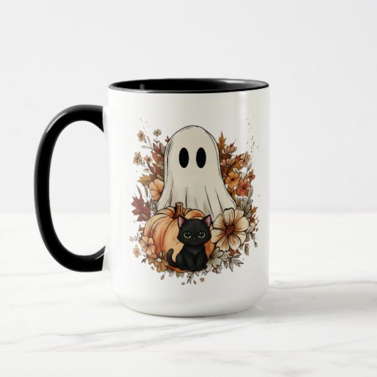Personalized Cute Ghost and Black Cat Autumn Mug マグカップ (左)