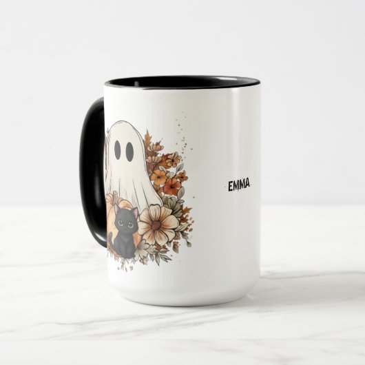 Personalized Cute Ghost and Black Cat Autumn Mug マグカップ (正面左)