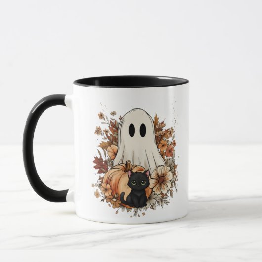 Personalized Cute Ghost and Black Cat Autumn Mug マグカップ (左)