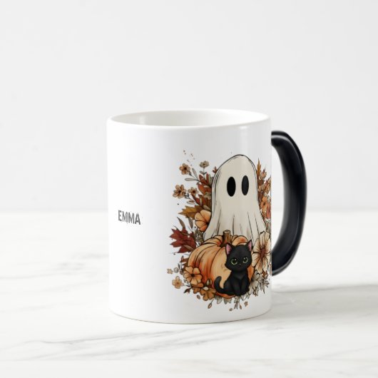 Personalized Cute Ghost and Black Cat Autumn Mug モーフィングマグカップ (正面右)