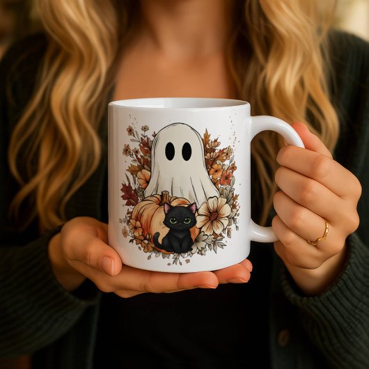 Personalized Cute Ghost and Black Cat Autumn Mug モーフィングマグカップ