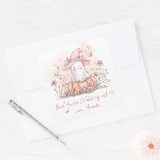 Personalized Cute Ghost Birthday Thank You スクエアシール (封筒)