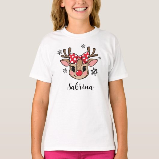 Personalized Cute Girl Reindeer Red Bow Christmas Tシャツ (正面)