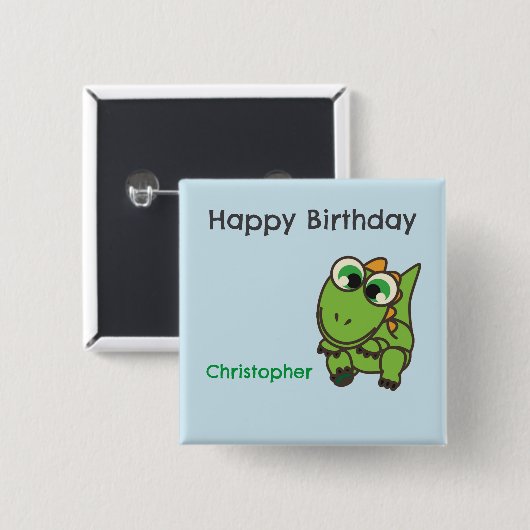 Personalized cute green dinosaurs blue birthday 缶バッジ (正面&裏面)