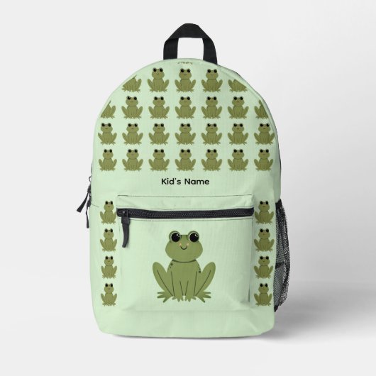 Personalized Cute Green Frog Pattern Name プリントバックパック (正面)
