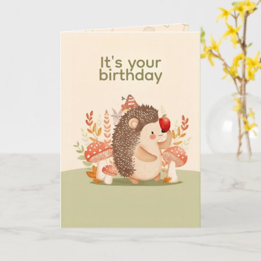 Personalized Cute Hedgehog Birthday Card カード (黄色い花)