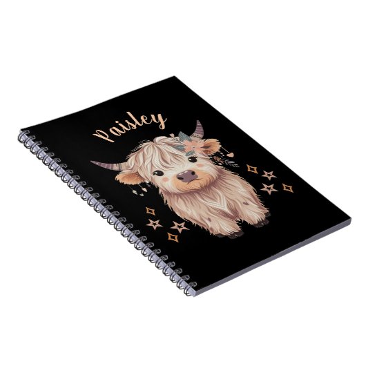 Personalized Cute Highland Cow Notebook Black ノートブック (右側)