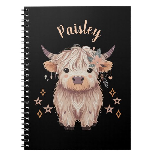 Personalized Cute Highland Cow Notebook Black ノートブック (正面)