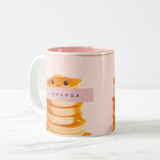 Personalized Cute Kawaii Pancake Stack with Syrup ツートーンマグカップ (正面左)