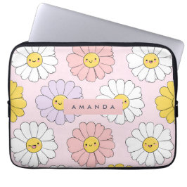 Personalized Cute Kawaii Pastel Daisy Flower Faces ラップトップスリーブ