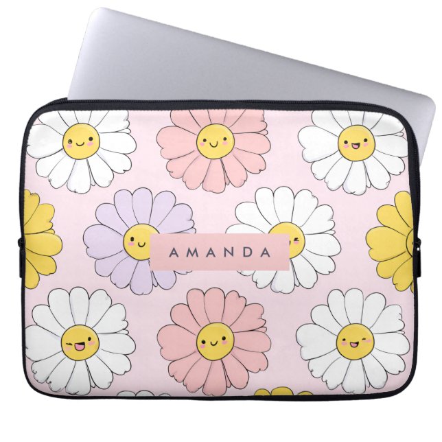 Personalized Cute Kawaii Pastel Daisy Flower Faces ラップトップスリーブ (正面)
