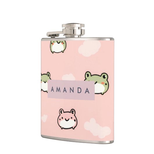 Personalized Cute Kawaii Pastel Frog Design Pink フラスク (左)