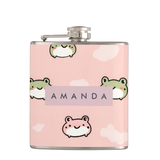 Personalized Cute Kawaii Pastel Frog Design Pink フラスク (正面)