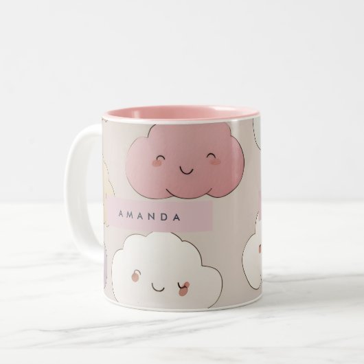 Personalized Cute Kawaii Pastel Smiling Clouds ツートーンマグカップ (正面左)