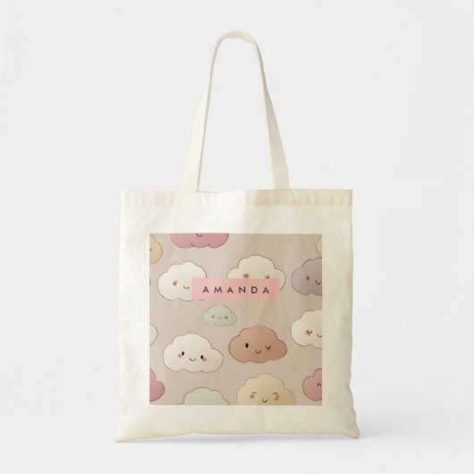 Personalized Cute Kawaii Pastel Smiling Clouds トートバッグ (正面)