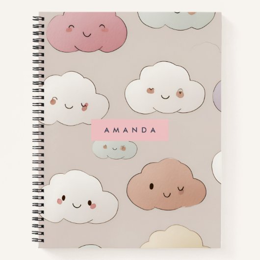 Personalized Cute Kawaii Pastel Smiling Clouds ノートブック (正面)