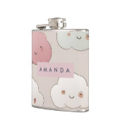 Personalized Cute Kawaii Pastel Smiling Clouds フラスク (左)