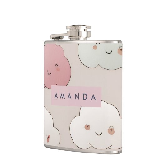 Personalized Cute Kawaii Pastel Smiling Clouds フラスク (左)