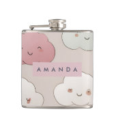 Personalized Cute Kawaii Pastel Smiling Clouds フラスク (正面)