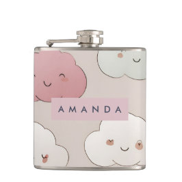 Personalized Cute Kawaii Pastel Smiling Clouds フラスク