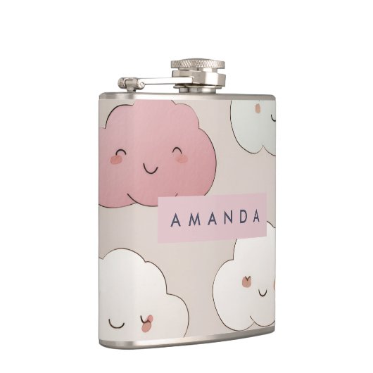Personalized Cute Kawaii Pastel Smiling Clouds フラスク (右)