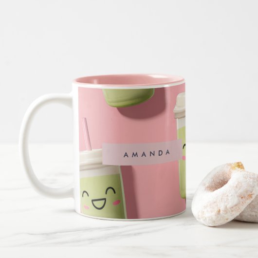 Personalized Cute Kawaii Pastel Smoothie Matcha ツートーンマグカップ (ドーナツ)