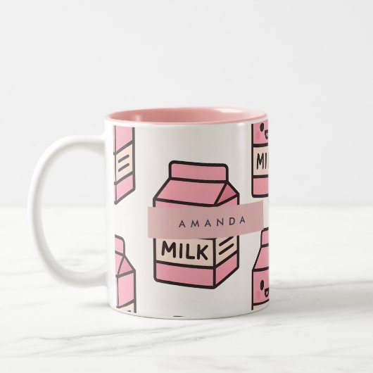 Personalized Cute Kawaii Pink Milk Carton Design ツートーンマグカップ (左)