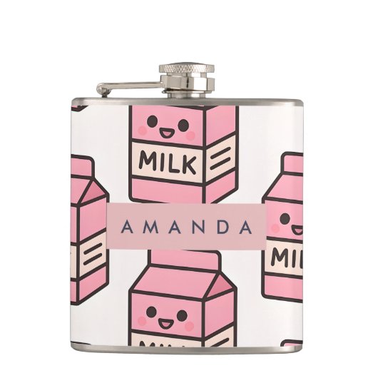 Personalized Cute Kawaii Pink Milk Carton Design フラスク (正面)