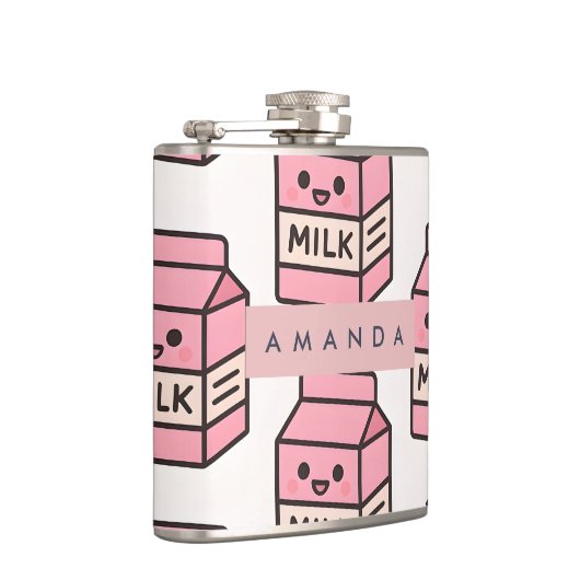 Personalized Cute Kawaii Pink Milk Carton Design フラスク (右)