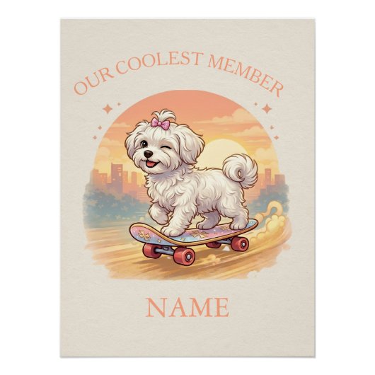 Personalized Cute Maltese Puppy Pink Bow Wall Art ポスター (正面)