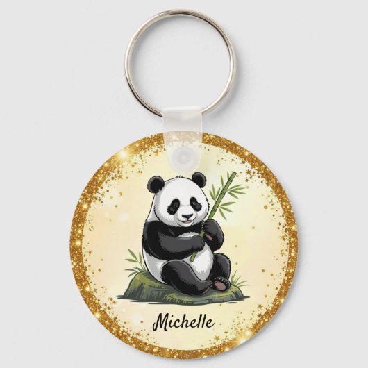 Personalized Cute Panda Bear Greenery Bamboo Gold  キーホルダー (正面)