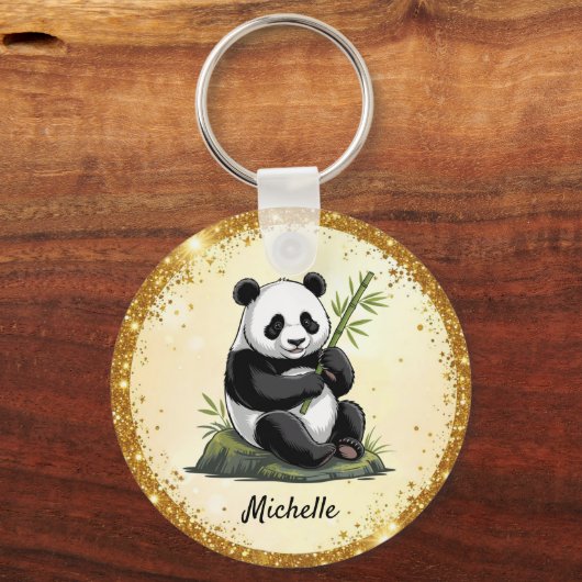 Personalized Cute Panda Bear Greenery Bamboo Gold  キーホルダー (裏面)