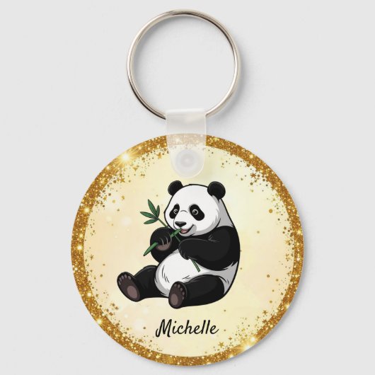 Personalized Cute Panda Bear Greenery Bamboo Gold キーホルダー (正面)