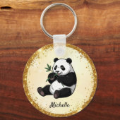 Personalized Cute Panda Bear Greenery Bamboo Gold キーホルダー (裏面)