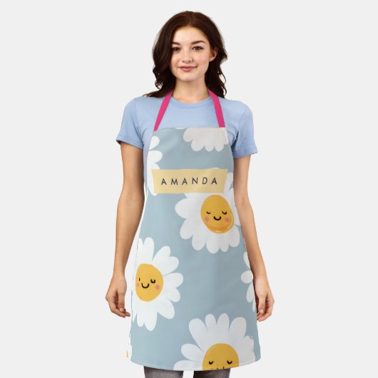 Personalized Cute Pastel Smiling Daisy エプロン (着用した状態)