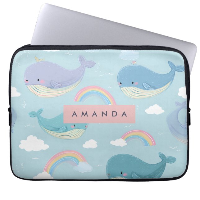 Personalized Cute Pastel Whale and Rainbow Pattern ラップトップスリーブ (正面)