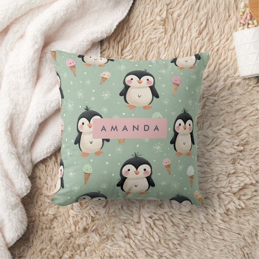 Personalized Cute Penguin & Ice Cream Pattern クッション (ブランケット)