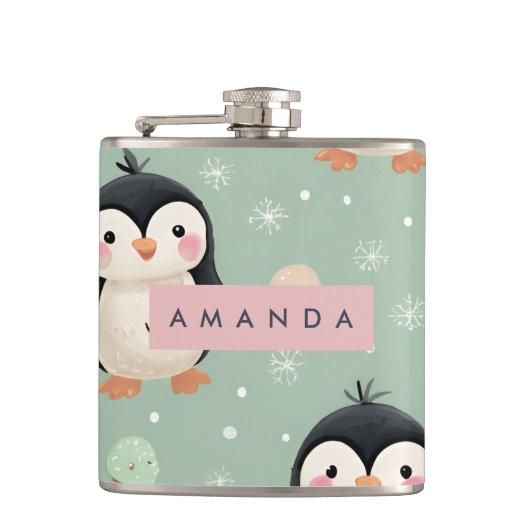Personalized Cute Penguin & Ice Cream Pattern フラスク (正面)