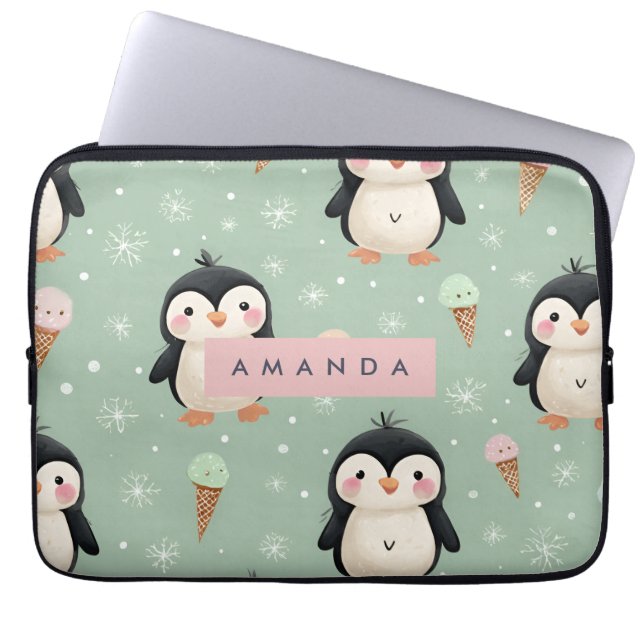 Personalized Cute Penguin & Ice Cream Pattern ラップトップスリーブ (正面)