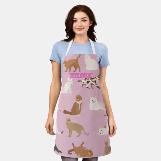 Personalized Cute Pink Cat Pattern Gift Cat Lover エプロン (着用した状態)