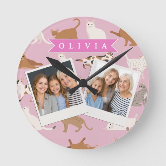 Personalized Cute Pink Cat Pattern Gift Cat Lover ラウンド壁時計 (正面)