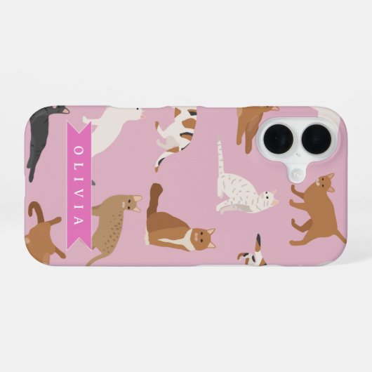 Personalized Cute Pink Cat Pattern Gift Cat Lover iPhone 16ケース (裏面横)