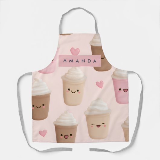 Personalized Cute Pink Kawaii Coffee Cup エプロン (正面)