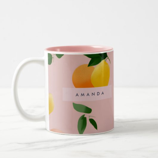 Personalized Cute Pink Lemon Orange Fruits ツートーンマグカップ (左)