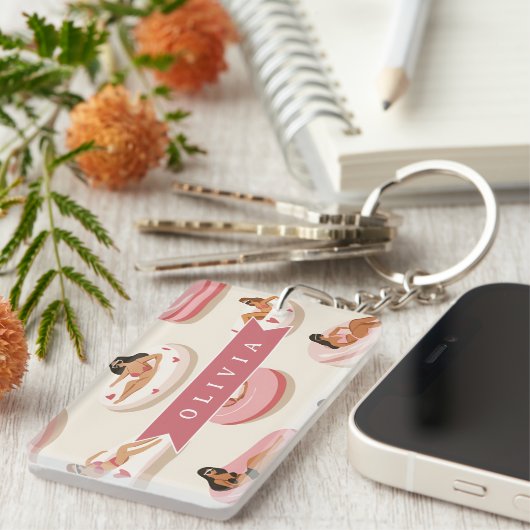 Personalized Cute Pink Pool Float Summer Aesthetic キーホルダー (正面右)