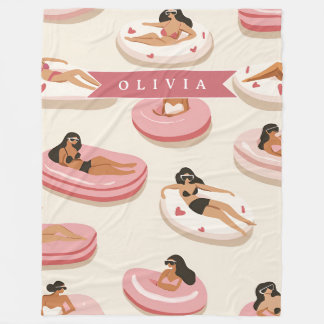 Personalized Cute Pink Pool Float Summer Aesthetic フリースブランケット