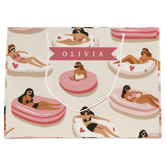 Personalized Cute Pink Pool Float Summer Aesthetic ラージペーパーバッグ